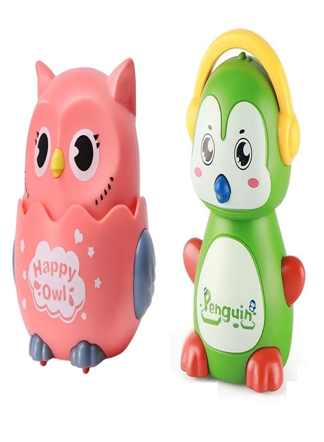 IndusBay® Set of 2, Cute Sliding Press & Release Owl & Penguin Inertia Press Run Slide Mini Cartoon Animal Wind Up Toys Birthday Return Gift for Toddler Boy Girls, Multicolor - Image 1